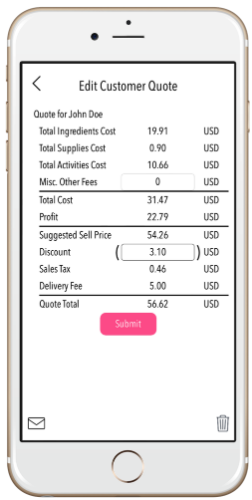 Customer quote screen from inside the recipe costing & pricing app Bakenomics.